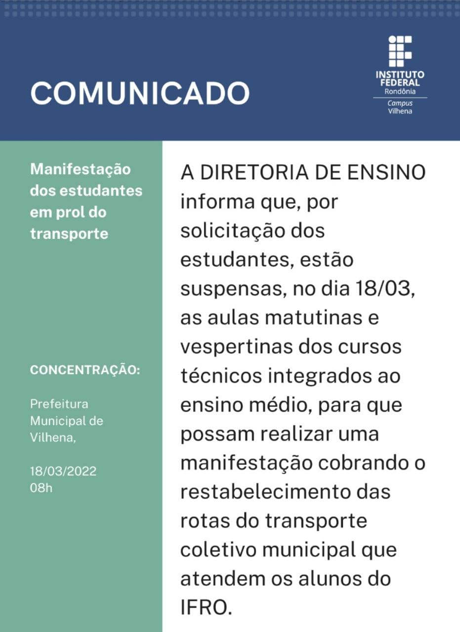 ATUALIZADA – Alunos do IFRO vão fazer protesto amanhã, na Prefeitura de Vilhena