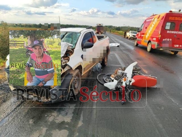 Idoso de 62 anos morre em grave acidente entre picape e moto na BR-435