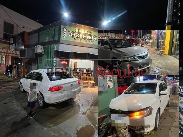 Colisão entre carros em semáforo é registrada em Vilhena e carro quase invade a Barbearia Bretas