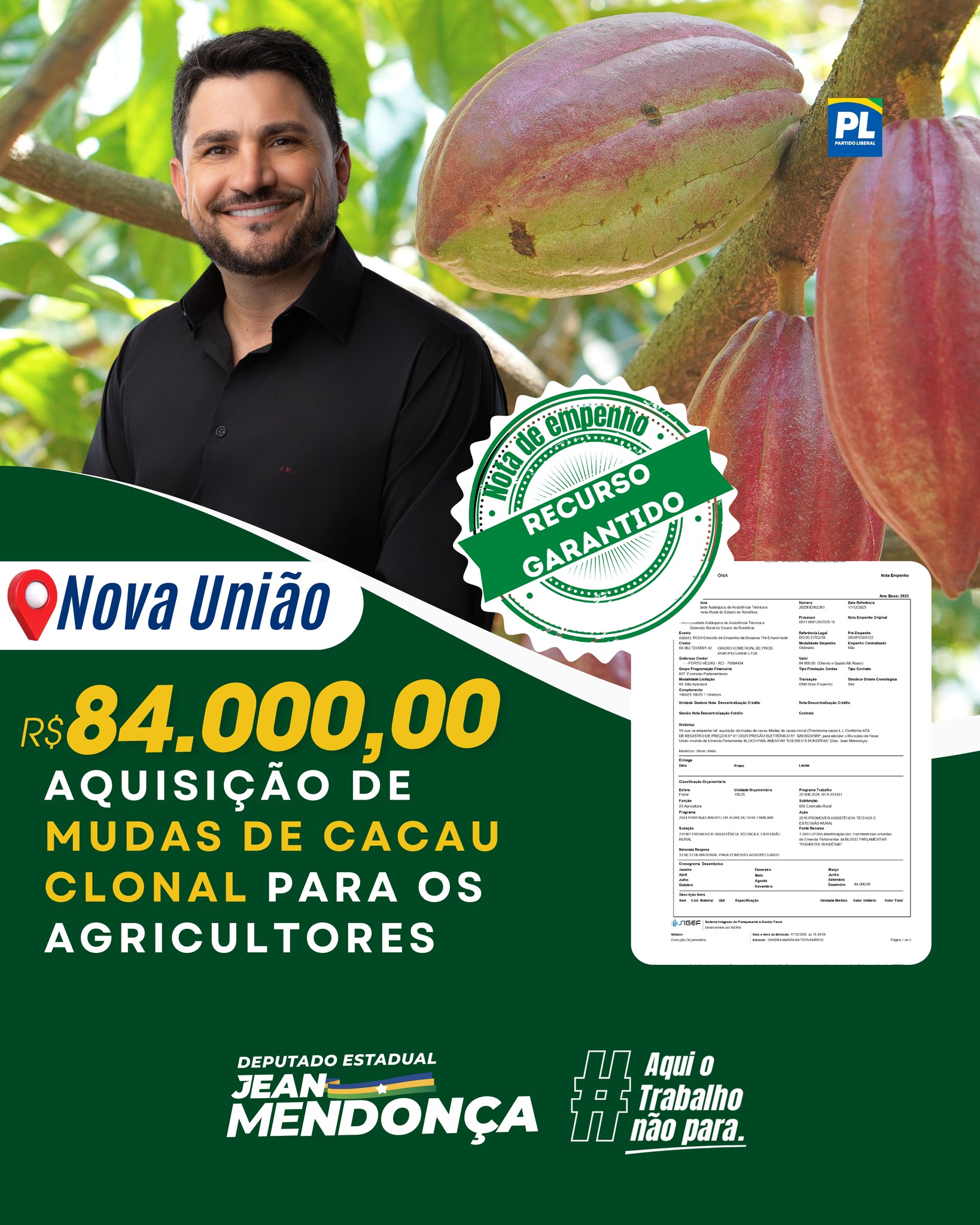 Parceria com a Emater viabiliza investimento em mudas de cacau para agricultores locais