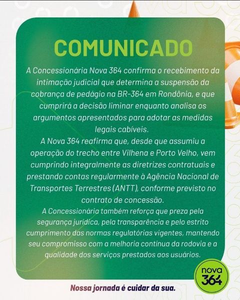 Nova 364 emite novo comunicado sobre suspensão da cobrança do pedágio na BR-364