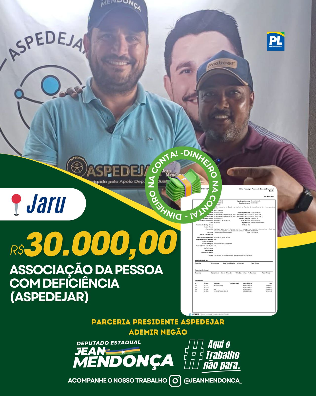 Aspedejar de Jaru recebe recursos do deputado Jean Mendonça