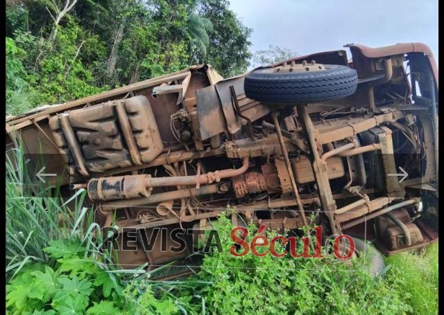 Caminhão tomba na BR-435 e segue às margens da rodovia sem atendimento de resgate