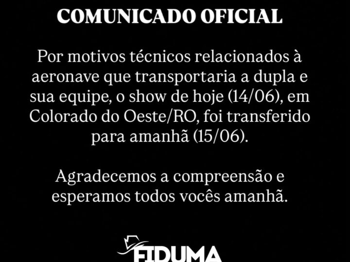 Show de Fiduma & Jeca em Colorado do Oeste é adiado para segunda-feira após problemas técnicos em aeronave