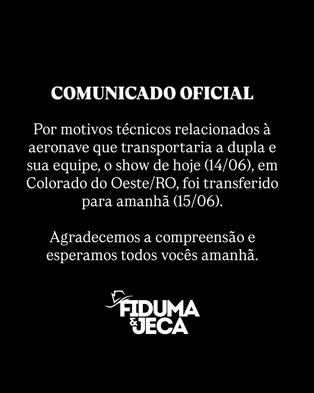 Show de Fiduma & Jeca em Colorado do Oeste é adiado para segunda-feira após problemas técnicos em aeronave