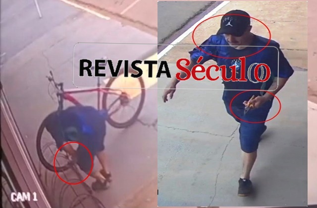 VILHENA – Ladrão é flagrado por câmeras rompendo cadeado com um alicate e furtando bicicleta na avenida Paraná