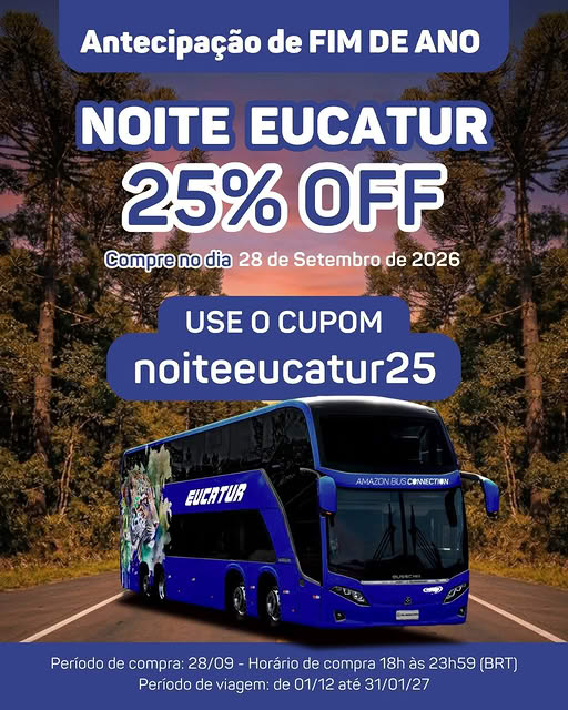 A Noite Eucatur está no ar com 25% OFF para você garantir sua passagem com desconto.